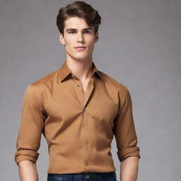 Transform the lean, handsome figure to exude the vibrant energy of late teens, while maintaining his sharp chiselled jawline and stylish caramel-brown shirt.