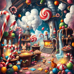 A whimsical and colorful scene depicting a mysterious candy factory bustling with activity