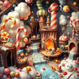 A whimsical and colorful scene depicting a mysterious candy factory bustling with activity