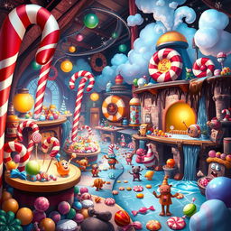 A whimsical and colorful scene depicting a mysterious candy factory bustling with activity