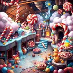 A whimsical and colorful scene depicting a mysterious candy factory bustling with activity