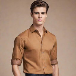 Transform the lean, handsome figure to exude the vibrant energy of late teens, while maintaining his sharp chiselled jawline and stylish caramel-brown shirt.