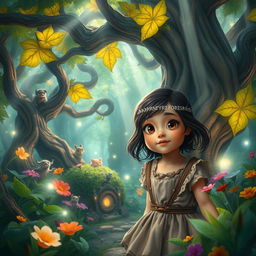 A young girl lost in a vibrant fantasy forest, characterized by enormous, twisting trees with glowing leaves, colorful flowers, and magical creatures peering from behind the flora