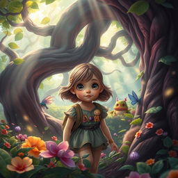 A young girl lost in a vibrant fantasy forest, characterized by enormous, twisting trees with glowing leaves, colorful flowers, and magical creatures peering from behind the flora