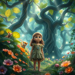 A young girl lost in a vibrant fantasy forest, characterized by enormous, twisting trees with glowing leaves, colorful flowers, and magical creatures peering from behind the flora