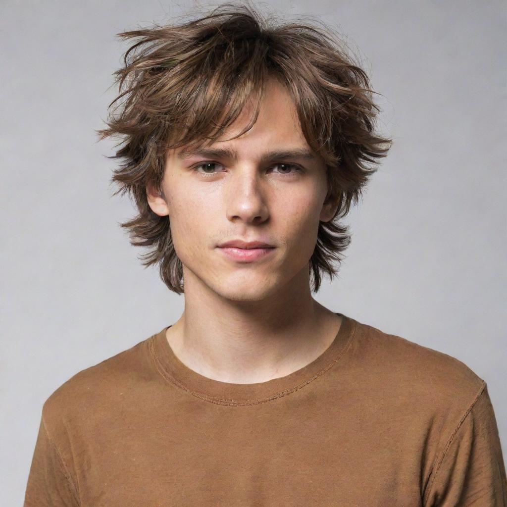 Enhance the late teen boy with a tousled, messy mop of brown hair, making his sharp jawline, lean body, and caramel-brown shirt even more striking.