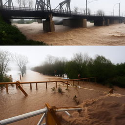 A flood overwhelming a one-lane, road-level bridge, showcasing the dramatic interaction between nature's force and human-made infrastructure.