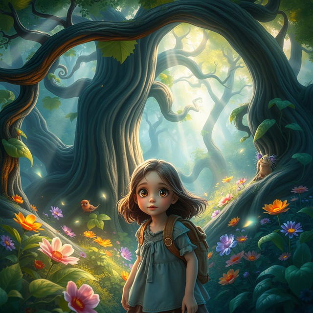 A young girl lost in a vibrant fantasy forest, characterized by enormous, twisting trees with glowing leaves, colorful flowers, and magical creatures peering from behind the flora