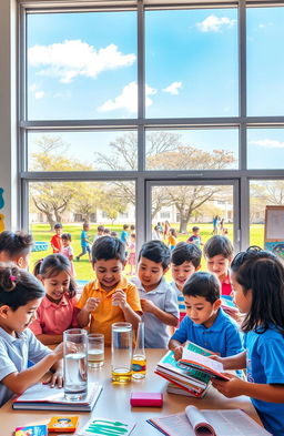 A vibrant and lively school setting, showcasing diverse students engaging in various activities