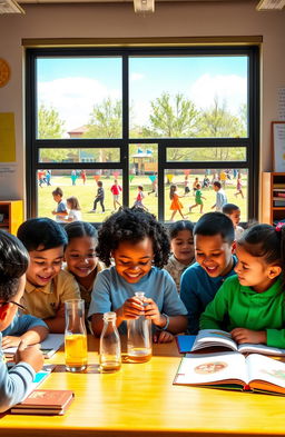 A vibrant and lively school setting, showcasing diverse students engaging in various activities