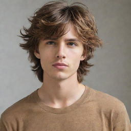 Enhance the late teen boy with a tousled, messy mop of brown hair, making his sharp jawline, lean body, and caramel-brown shirt even more striking.