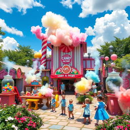 An enchanting outdoor candy factory bustling with activity, featuring colorful candy-making stations, large candy jars, and whimsical candy sculptures