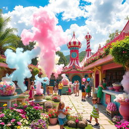 An enchanting outdoor candy factory bustling with activity, featuring colorful candy-making stations, large candy jars, and whimsical candy sculptures