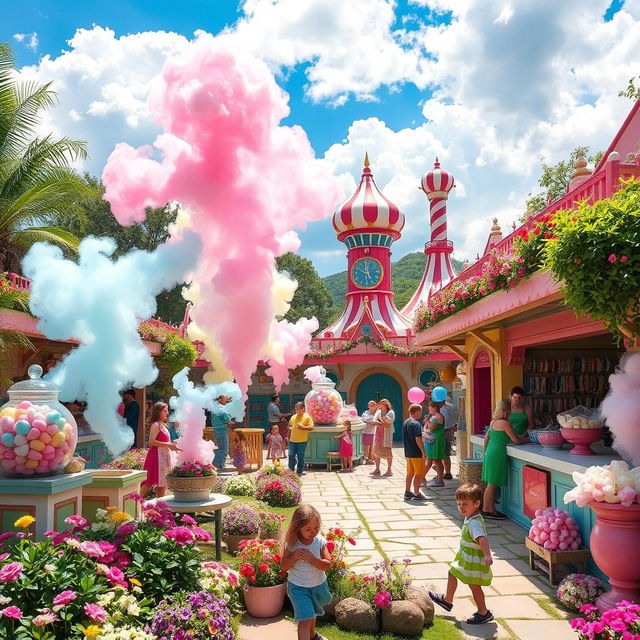 An enchanting outdoor candy factory bustling with activity, featuring colorful candy-making stations, large candy jars, and whimsical candy sculptures