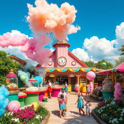 An enchanting outdoor candy factory bustling with activity, featuring colorful candy-making stations, large candy jars, and whimsical candy sculptures