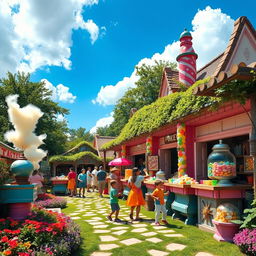 An enchanting outdoor candy factory bustling with activity, featuring colorful candy-making stations, large candy jars, and whimsical candy sculptures