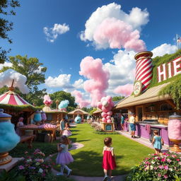 An enchanting outdoor candy factory bustling with activity, featuring colorful candy-making stations, large candy jars, and whimsical candy sculptures