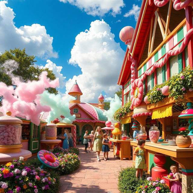 An enchanting outdoor candy factory bustling with activity, featuring colorful candy-making stations, large candy jars, and whimsical candy sculptures