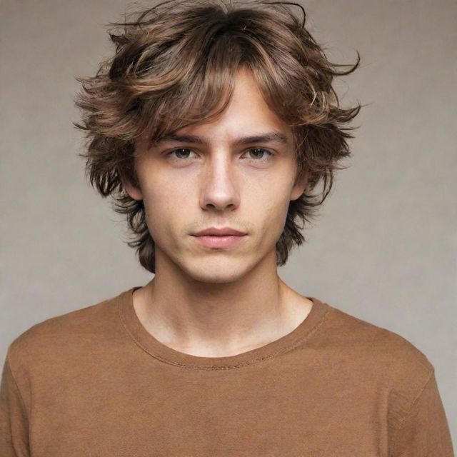 Enhance the late teen boy with a tousled, messy mop of brown hair, making his sharp jawline, lean body, and caramel-brown shirt even more striking.