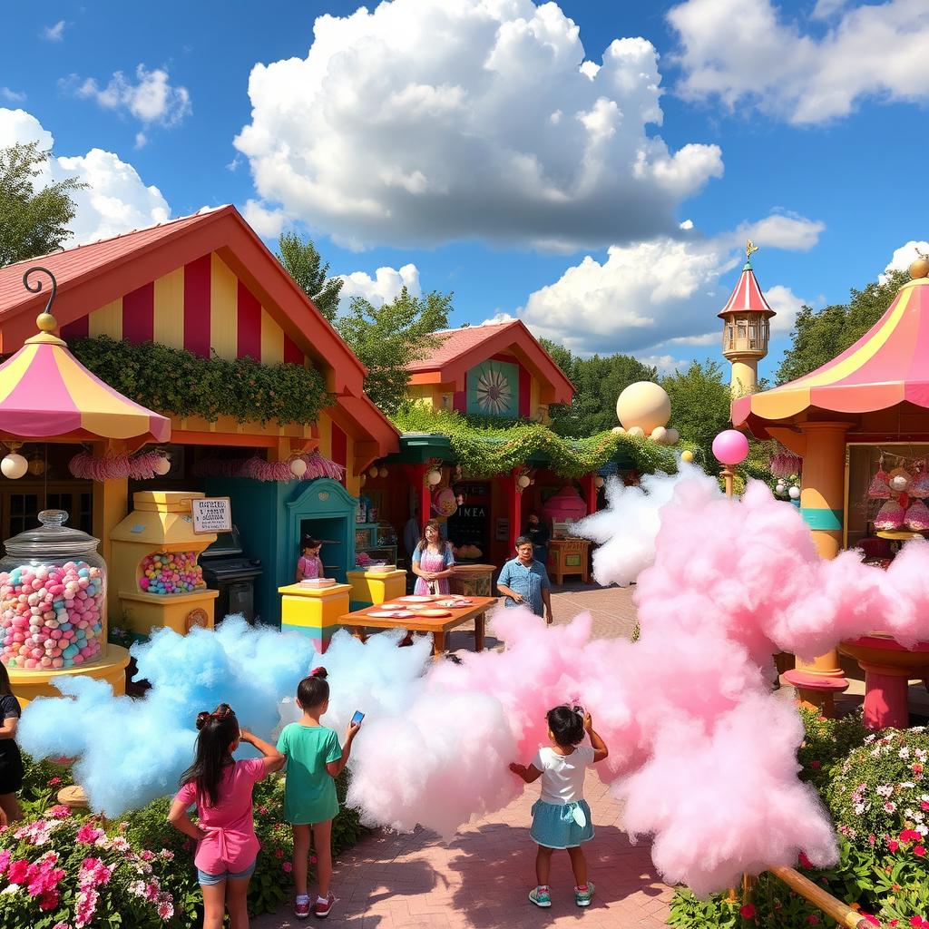 An enchanting outdoor candy factory bustling with activity, featuring colorful candy-making stations, large candy jars, and whimsical candy sculptures