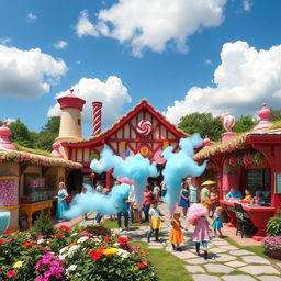 An enchanting outdoor candy factory bustling with activity, featuring colorful candy-making stations, large candy jars, and whimsical candy sculptures