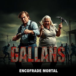 A horror movie poster featuring two bloodied male architects, Francisco Hueso and Juan Seara, in a dynamic action pose at the center