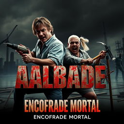 A horror movie poster featuring two bloodied male architects, Francisco Hueso and Juan Seara, in a dynamic action pose at the center