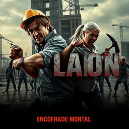 A horror movie poster featuring two bloodied male architects, Francisco Hueso and Juan Seara, in a dynamic action pose at the center