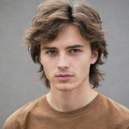 Enhance the late teen boy with a tousled, messy mop of brown hair, making his sharp jawline, lean body, and caramel-brown shirt even more striking.