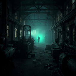 A horrifying scene inside a dark, abandoned factory, filled with rusting machinery and flickering lights, with eerie shadows creating an unsettling atmosphere