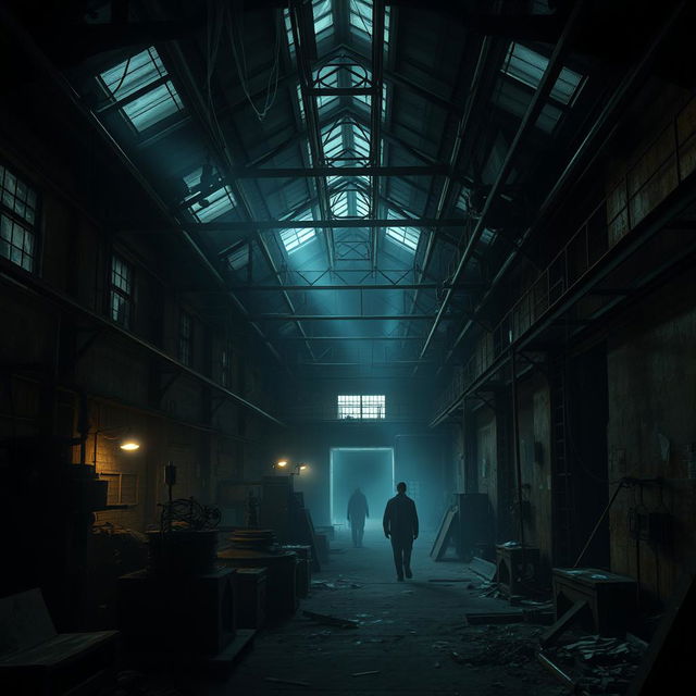 A horrifying scene inside a dark, abandoned factory, filled with rusting machinery and flickering lights, with eerie shadows creating an unsettling atmosphere