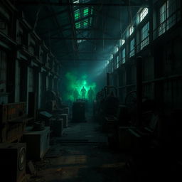 A horrifying scene inside a dark, abandoned factory, filled with rusting machinery and flickering lights, with eerie shadows creating an unsettling atmosphere