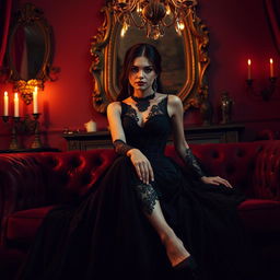 A stunning woman wearing an elaborate gothic-style black dress, seated gracefully on a luxurious dark red couch