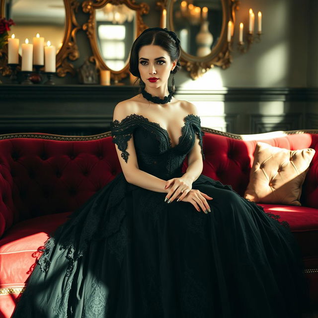 A stunning woman wearing an elaborate gothic-style black dress, seated gracefully on a luxurious dark red couch