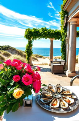 A serene scene on Sylt Island featuring a Roman-inspired setting with elegant architecture and lush greenery
