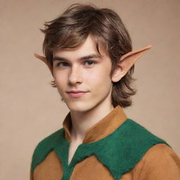 Transform the handsome, late-teen boy into a fantastical figure by adding distinct and elegant elf ears, amidst his messy brown hair, sharp jawline, lean physique, and stylish caramel-brown shirt.