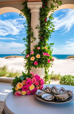 A serene scene on Sylt Island featuring a Roman-inspired setting with elegant architecture and lush greenery