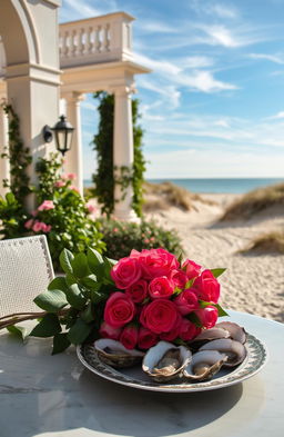 A serene scene on Sylt Island featuring a Roman-inspired setting with elegant architecture and lush greenery