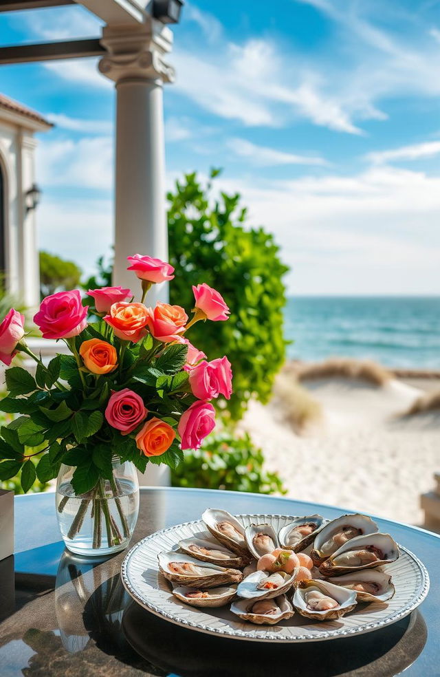 A serene scene on Sylt Island featuring a Roman-inspired setting with elegant architecture and lush greenery