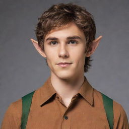 Transform the handsome, late-teen boy into a fantastical figure by adding distinct and elegant elf ears, amidst his messy brown hair, sharp jawline, lean physique, and stylish caramel-brown shirt.