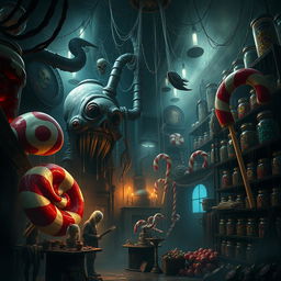 A dark and eerie candy factory filled with oversized, menacing candy machines and twisted, colorful confections