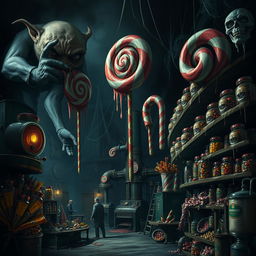 A dark and eerie candy factory filled with oversized, menacing candy machines and twisted, colorful confections