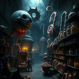 A dark and eerie candy factory filled with oversized, menacing candy machines and twisted, colorful confections