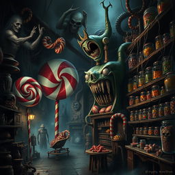 A dark and eerie candy factory filled with oversized, menacing candy machines and twisted, colorful confections