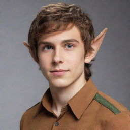 Transform the handsome, late-teen boy into a fantastical figure by adding distinct and elegant elf ears, amidst his messy brown hair, sharp jawline, lean physique, and stylish caramel-brown shirt.