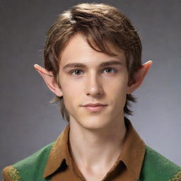 Transform the handsome, late-teen boy into a fantastical figure by adding distinct and elegant elf ears, amidst his messy brown hair, sharp jawline, lean physique, and stylish caramel-brown shirt.