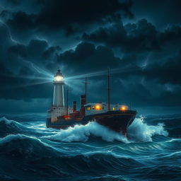 A lighthouse illuminating a merchant ship amid a fierce storm at sea under the midnight sky