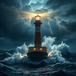 A lighthouse illuminating a merchant ship amid a fierce storm at sea under the midnight sky