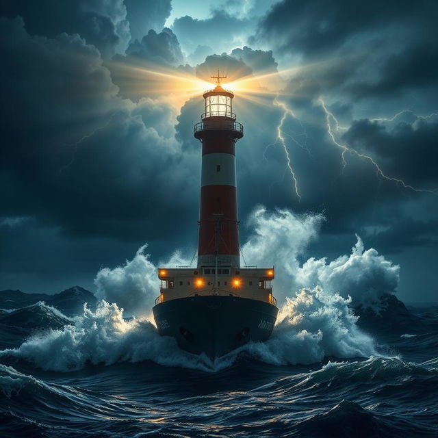 A lighthouse illuminating a merchant ship amid a fierce storm at sea under the midnight sky