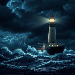 A lighthouse illuminating a merchant ship amid a fierce storm at sea under the midnight sky